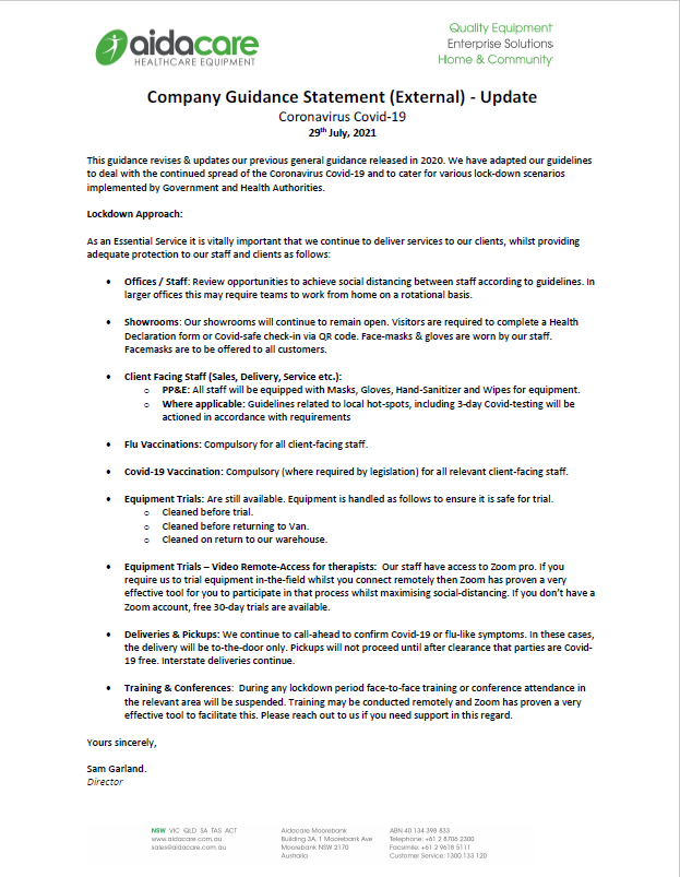 Covid-19 -公司指导声明- 290721